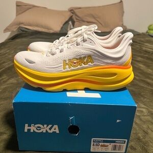 Hoka Bondi 9 White and Yellow Athletic Shoes